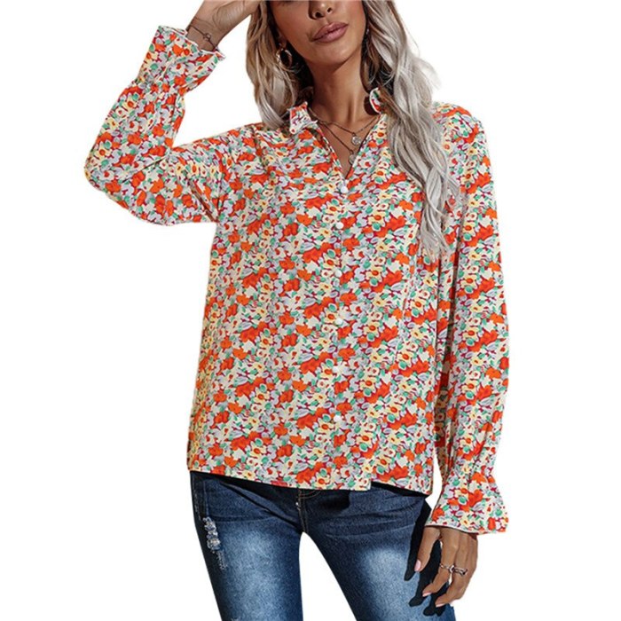 Women Casual Floral Prints Long Sleeve Shirt Fall Spring Adults V-neck Button T-Shirts Beach Vacation Tops Boho Woman Clothes