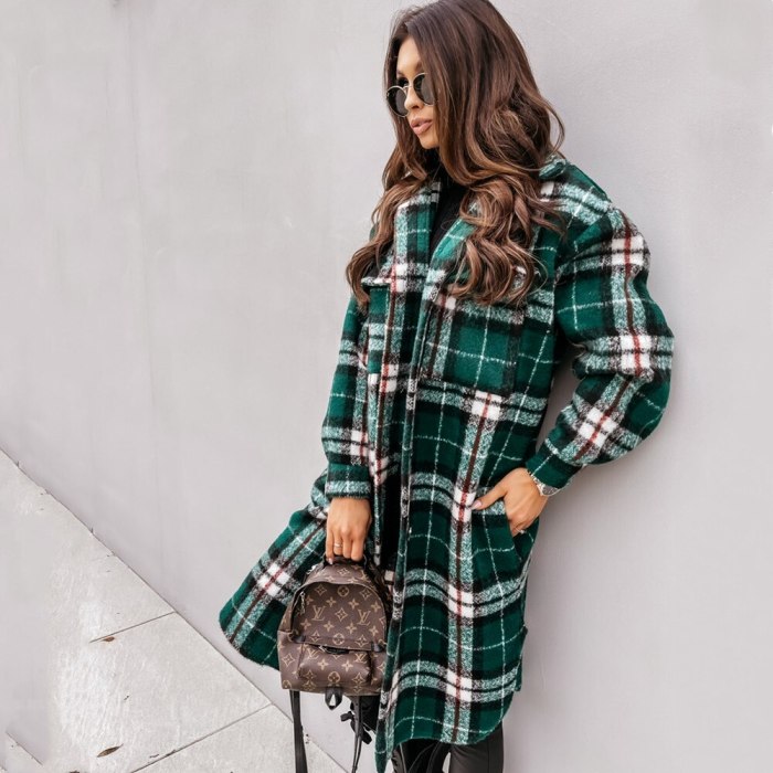 Autumn Winter Women Long-Sleeved Plaid Printed Shirt Jacket Fashion Loose Turn Down Collar Single-Breasted Long Shirt Coat Femme