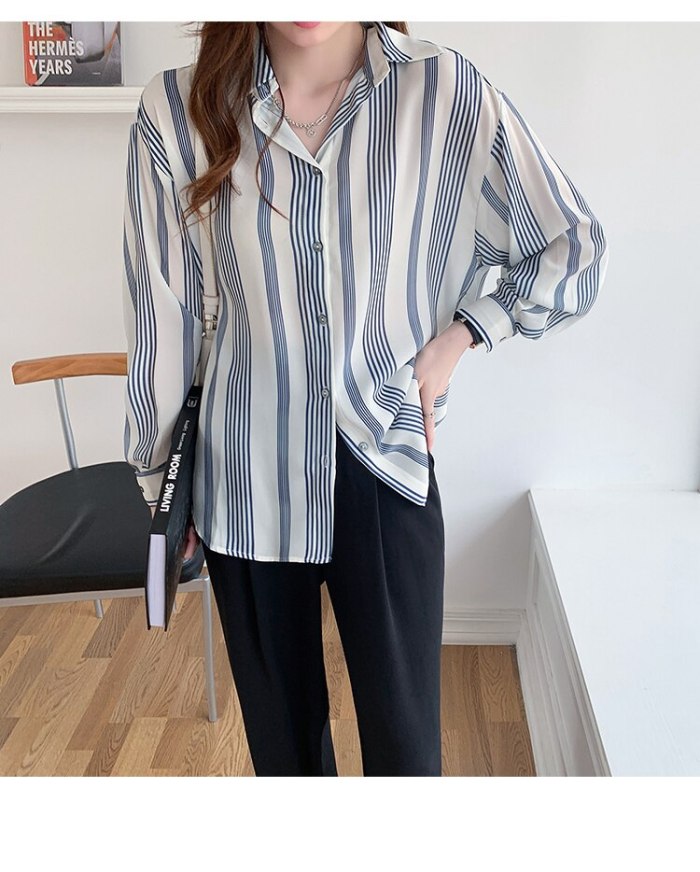 2021 autumn new design sense niche loose striped shirt women long-sleeved temperament chiffon shirt top