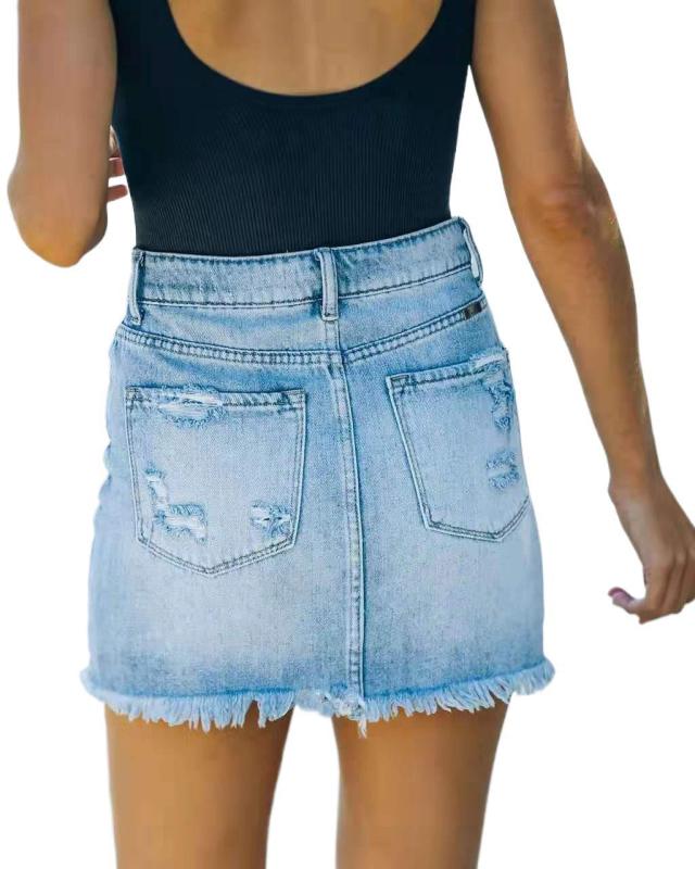 Ripped Tassel Trend Hem 2021 Summer Simplicity Casual Skorts Women Temperament Women's Denim Bag Hip Skirt Wash Water Skirt