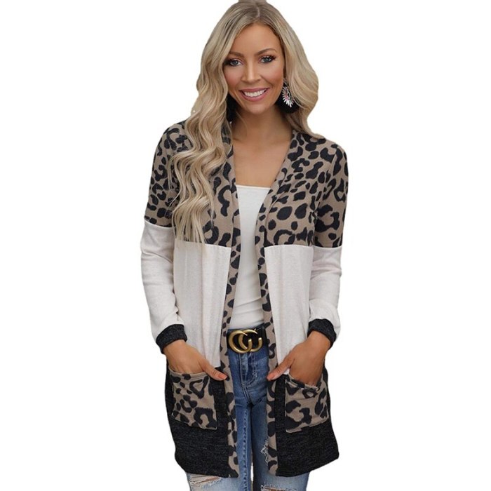 Autumn Winter Fashion Knitting Leopard Patchwork Cardigan Women's Jacket 2021 Casual Long Sleeve Loose Pocket Ladies Jacket Coat