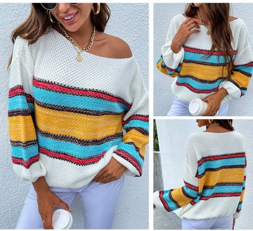Autumn rainbow striped jumper womens sweaters winter 2021 new pullovers women's contrast color collar sweater pullover Street