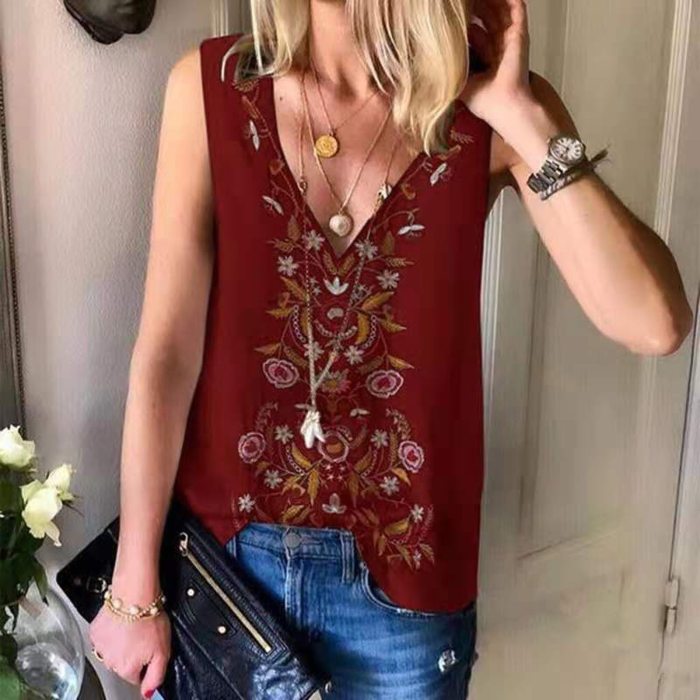 Vintage Tops For Female 2021 Women's Casual V-neck Ethnic Wind Printed Chiffon Shirt Top