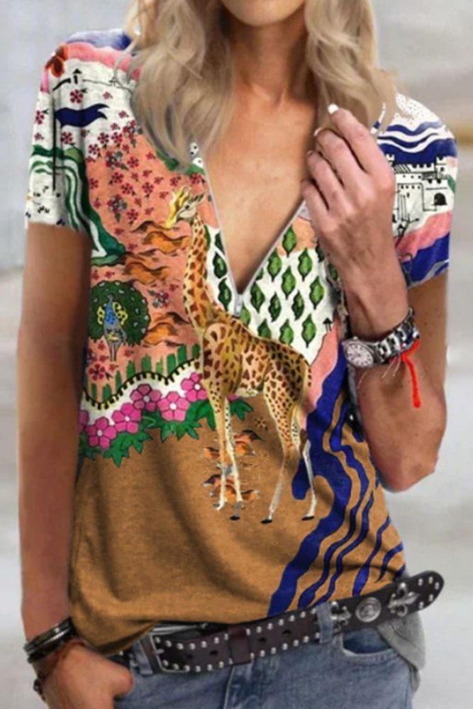 Women's V-neck Giraffe Print Short Sleeve T-shirt Tops Stitching Hedging Casual Women's Clothing 2021 Women Fashion Clothing