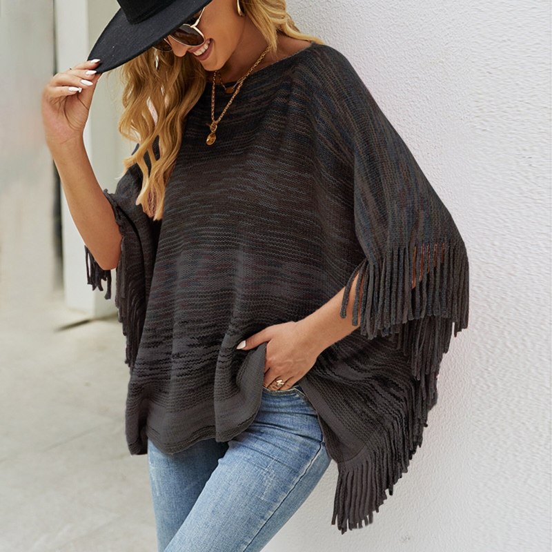 Elegant Tassel Sweater Poncho Women Irregular O Neck Knitted Pullover Shawls Wraps Capes With Stripe Patterns And Fringed Sides