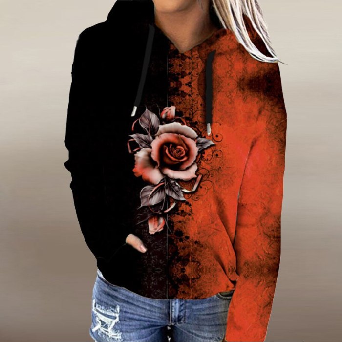 Women Fashion Street Drawstring Sweatshirt Autumn Winter Rose Print Warm Hooded Sweatshirt Casual Loose Long-sleeved Pullover