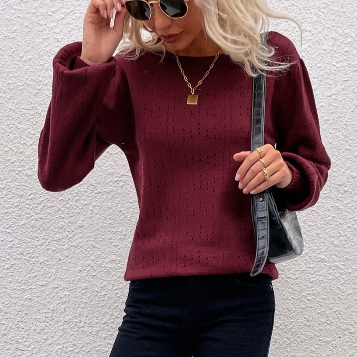 Cross-border bottoming shirt 2021 new sweater autumn and winter solid color lantern sleeve hollow sweater women