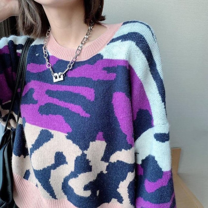 Women Pullovers Sweater Leopard Patchwork Crop Top