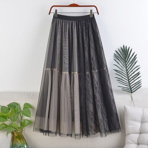 Double-layer Mesh Lace Stitching Mid-length Skirt, New High-waist A-line Large Elastic Waist Long Skirt, Spring and Autumn Women