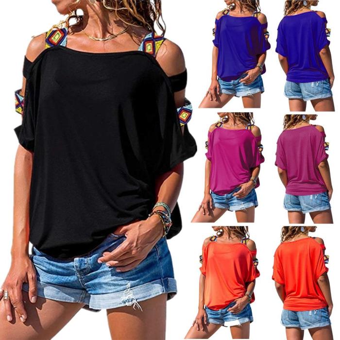 Women's Solid Color Cutout Short Sleeve Strapless T-shirt Top