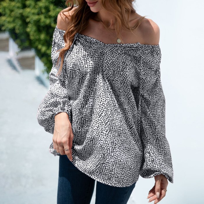 2021 Spring Autumn Women Shirts Dot Print Lantern Sleeve Oversized Blouses Female Tops Loose Sexy V Neck Off Shoulder Blusas Top
