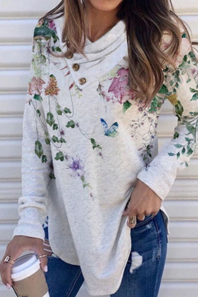Women Fashion O-Neck Button Blusa Streetwear Vintage Floral Print Blouse Shirts Autumn Lady New Casual Long Sleeve Pullover Tops