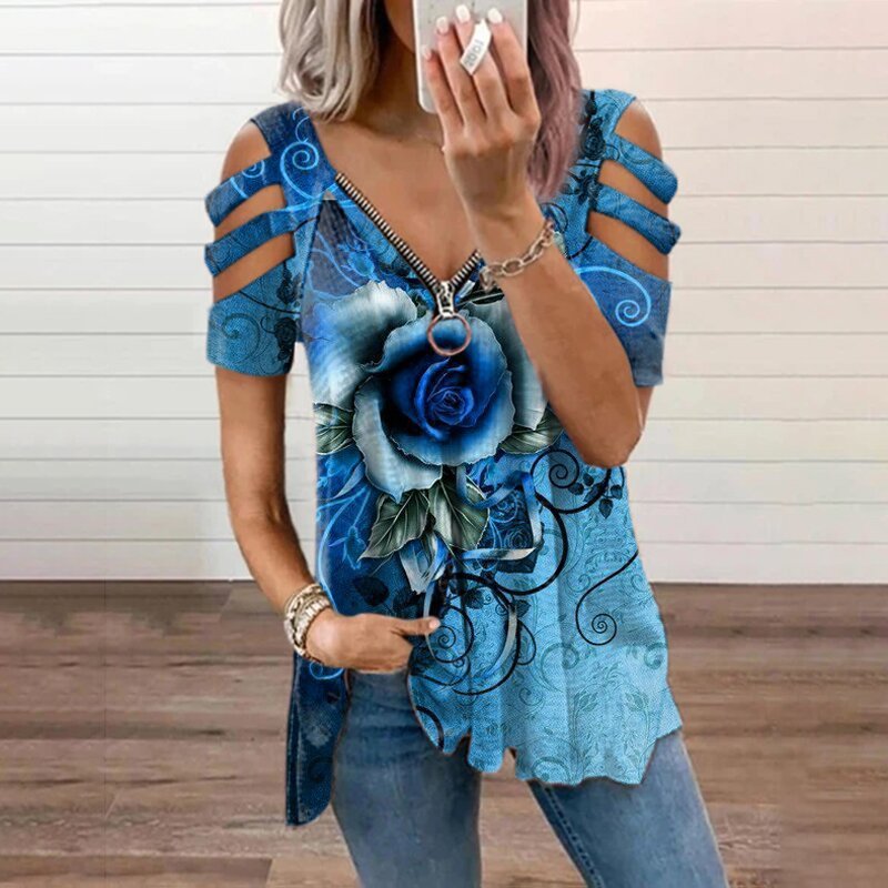 Loose Casual Printing Rose Printing T-shirt Top Summer Women's Short-sleeved V-neck Top Fashion Trend T-shirt Shirt Plus Size