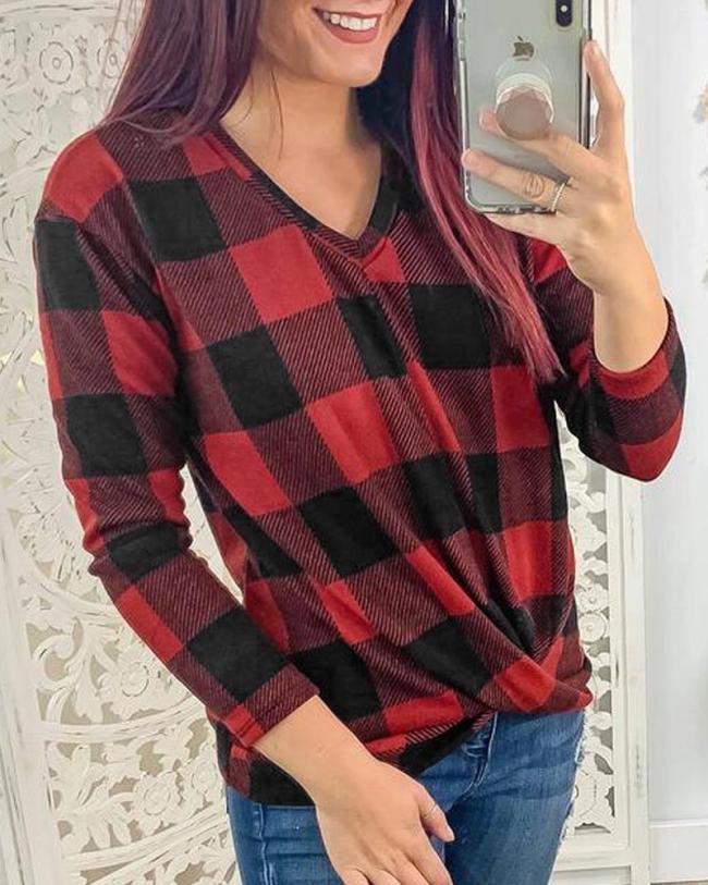 V Neck Long Sleeve Plaid Top