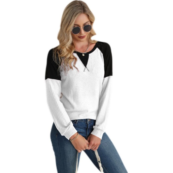 2021 Spring and Autumn Knitted Pullover Top Round Neck Stitching Long-sleeved Sweater England Style Women's Fashion Clothing