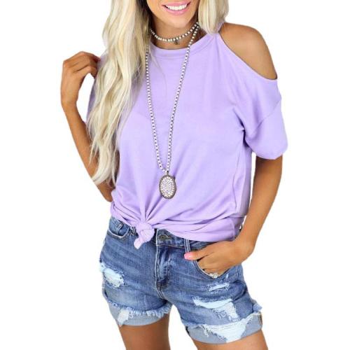 Summer 2021 New Solid Round Neck Off Shoulder Short Sleeve Casual T-shirt Female Tops