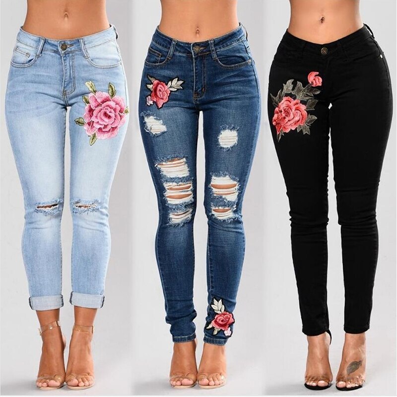 Stretch Embroidered Female Slim Denim Hole Ripped Rose Pattern Jeans