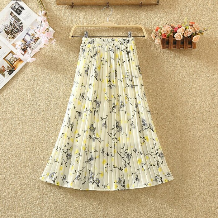 2021 Summer New Women'S Clothing High Waist Was Thin Wild A Word Floral Pleated Skirt Printed Chiffon Mid-Length Skirt