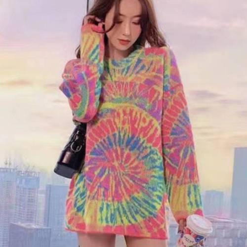 Ladies loose sweater Korean fashion spring O-neck pullover loose jacquard design casual wild midi knitted pullover