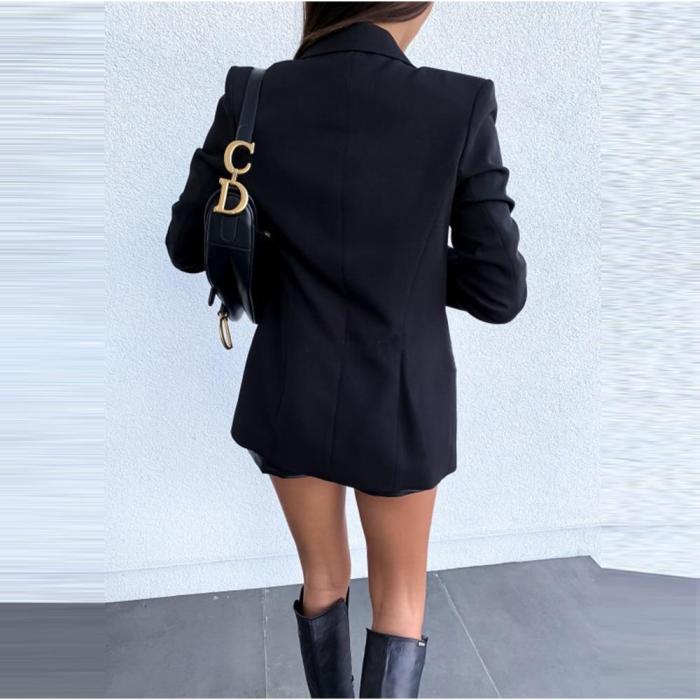 Fashion Pure Color Long Sleeve Blazer Women Autumn Winter Casual Double-Breasted Buttons Office Work Suit Coat Blazer Tops