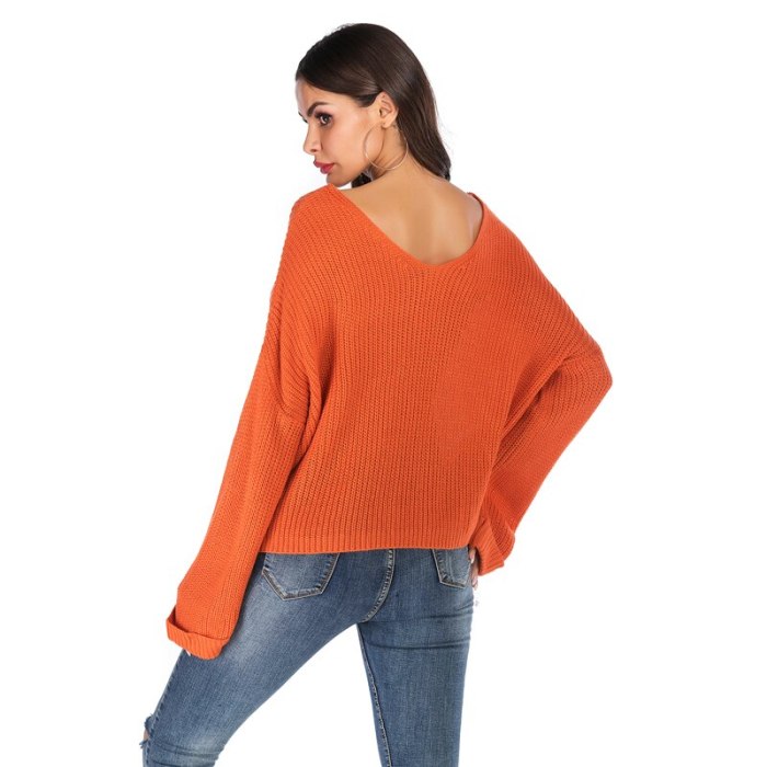4XL Oversized Sexy Fashion Sweater Women 2021 V Neck Flare Long Sleeve Fall Winter Knitted Sweater Casual Loose Pullover Top