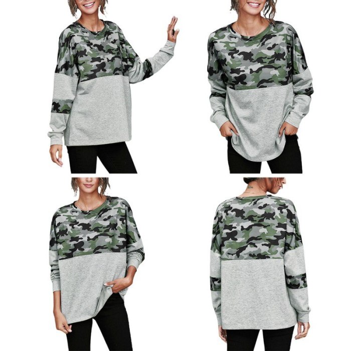 European and American autumn and winter hot round neck long sleeve camouflage stitching casual loose clothes women