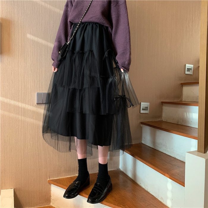 Ladies Elastic High Waist Women Tulle Skirt Solid Spring Summer Holiday Casual Soft Mesh s Womens Long Female