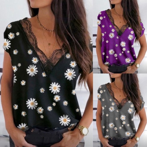 New T Shirt Women Tshirt Summer Daisy Pineapple Lace Print Ruffle Lady V-neck Short Sleeve Casual T-shirt Tops Blusas 2021