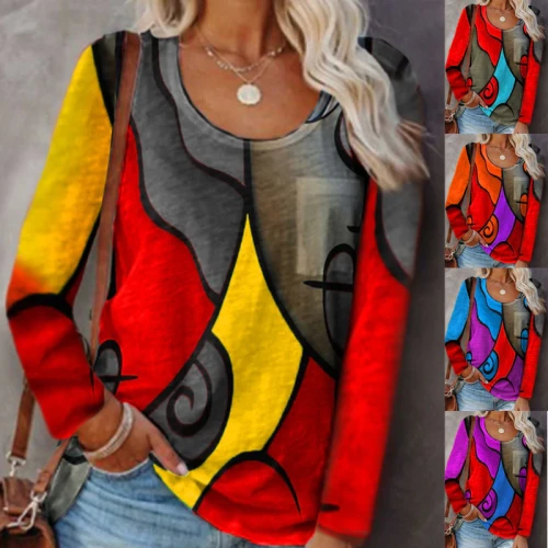 2021 Autumn And Winter New Style European And American Contrast Stitching Geometric Printing Casual Long-Sleeved T-Shirt Women