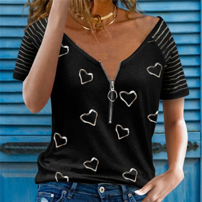 2021 Sexy Women T-shirts Tops Clubwear Short Sleeve Deep V-neck Front Zip Up Heart Print Loose Summer T-shirts Street