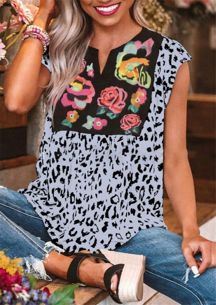 Leopard Patchwork Top Short Sleeve Tee Shirts Women Flowers Print Casual T-shirt Summer V-neck Tops Tee 2020 Hot Top