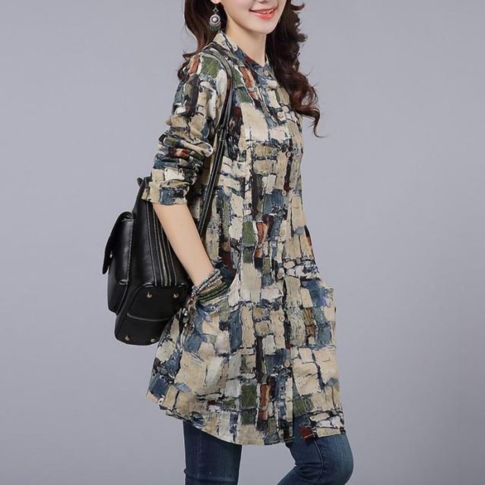 Women Cotton Linen Plaid Long Shirt Casual Tops