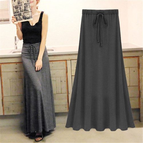 Sexy Summer Slit Side Skirt Women Fashion Casual Long Maxi Skirt Sexy Stretchy Solid Lace-Up Gray Black Skirts