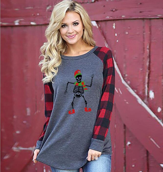 Women O-neck T-shirts Christmas Plaid Long Sleeve Gnome Print Casual Top Outdoor T-shirt Oversize Tee Shirts