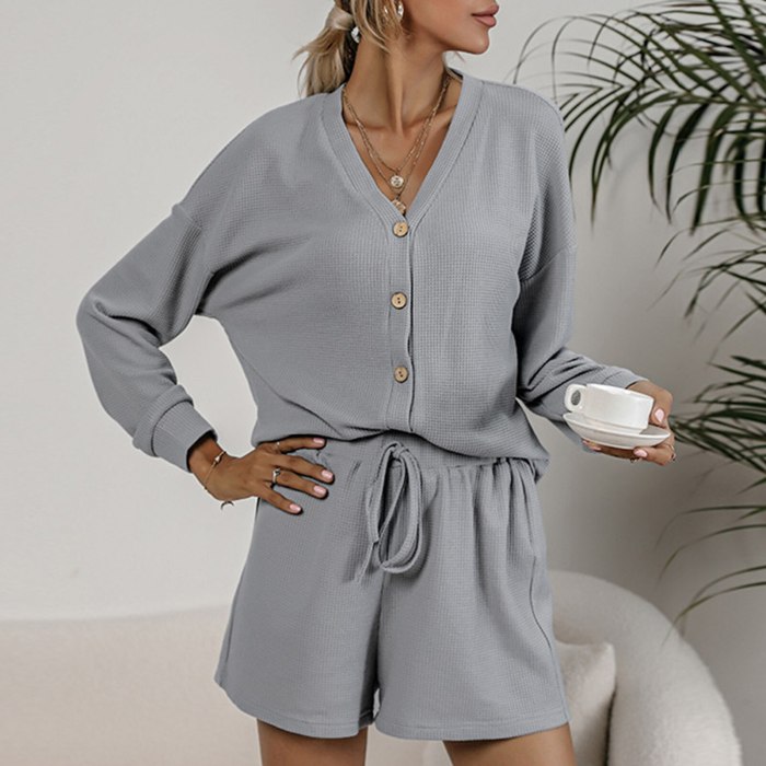 Women Long Sleeve Blouse and Shorts Set V Neck Buttoned Tops Elastic Drawstring Waist Suit Lounging Home Loose Casual 2PCS Kit