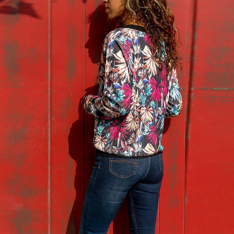 Round Neck Ribbon Floral Printed Zipper Jackets
