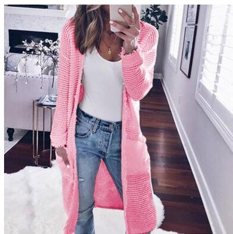 Solid Color Pockets Long Length Oversized Women Knit Cardigan
