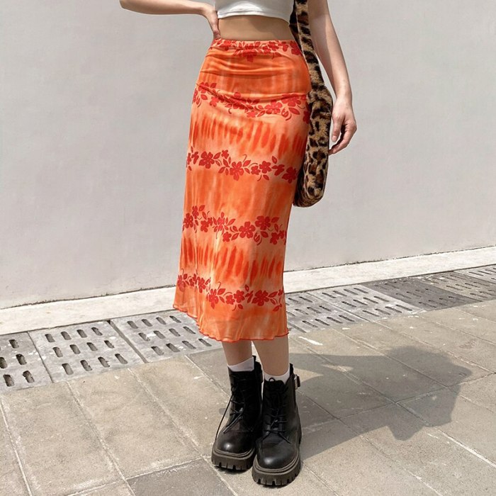 Women Long Skirt Summer Orange Floral Midi Skirt Y2K Boho Beach Skirts Female High Waist Fashion Skirts Tulle Sweet Jupe Femme