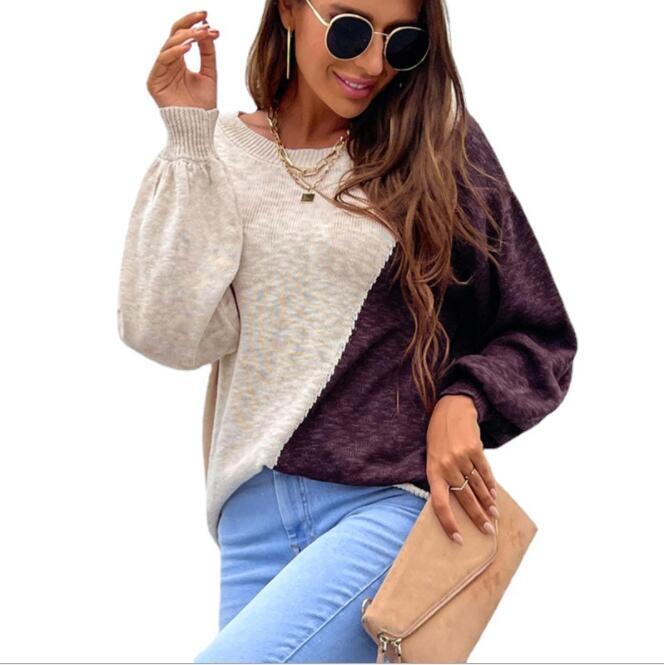 Women Sexy Off Shoulder Sweater Pullover Long Sleeve Sweaters Autumn Irregular Color Matching Sweater Jumpers Knitwear Sweaters