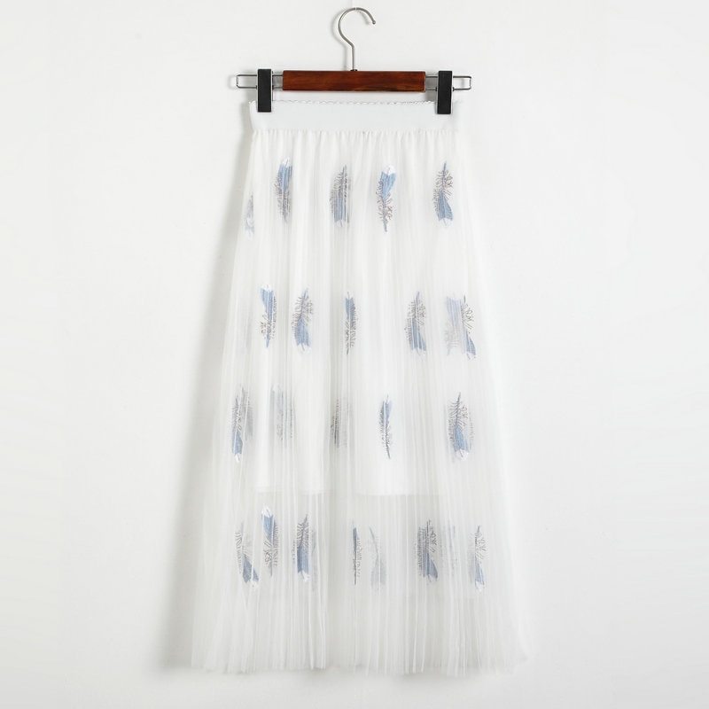 Sweet Embroidered Pleated Tulle Skirt Women Summer A Line Long Skirts High Waist Sequined Planets Mesh Maxi Skirts