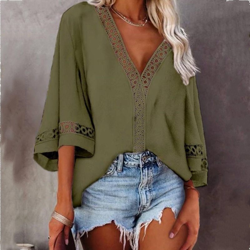 Women's Blouse Summer White Tops Loose Flared Sleeves Blouses V-Neck Hollow Lace Stitching Shirt Female Blusas Mujer Plus Size