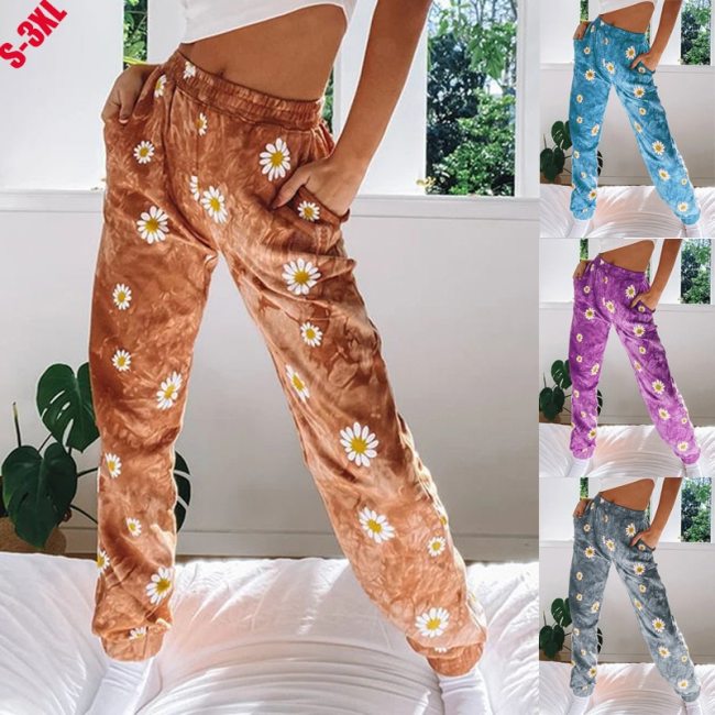 Fashion Small Chrysanthemum Tie-Dye Printing Women Casual Pants Street Hipster Boho Mid- Waist Women Trousers Casual Beach Pants