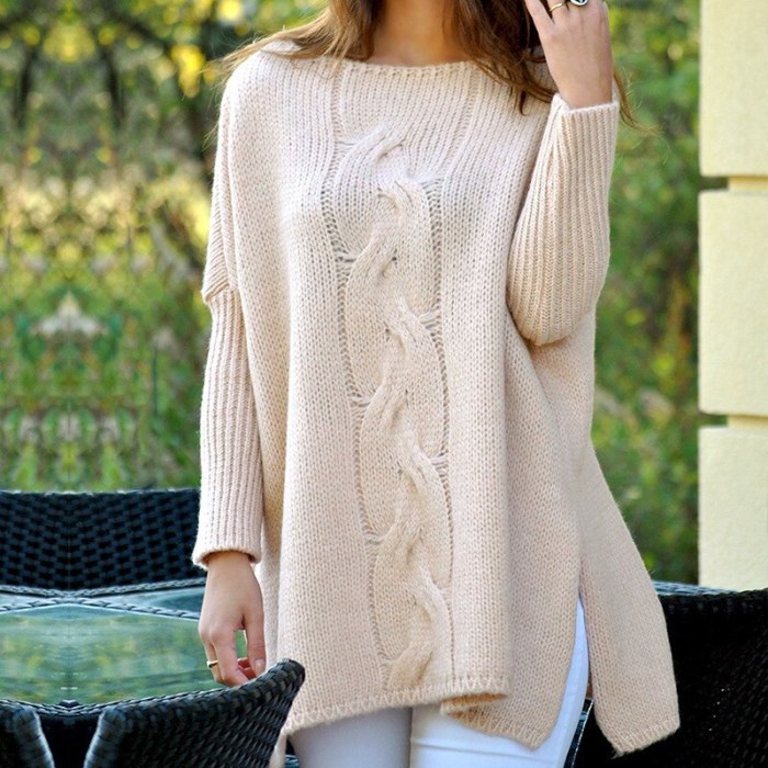 Knitted Sweaters For Woman 2021 New O Neck Loose Long Sleeve Solid Hem Split Plus Size Twist Casual