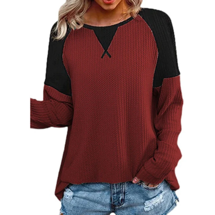 2021 Autumn Solid Patchwork Long Sleeve T Shirts Women's Causal Loose O Neck Fashion Shirts Tops Vintage Oversize Pullover Mujer