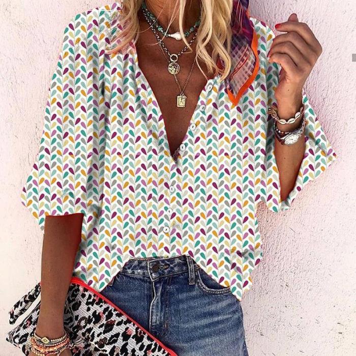 Casual Dailt Printed Halflong Puff Sleeves Shirt