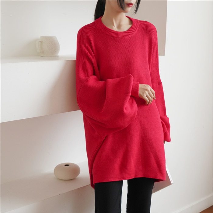 Solid Color Round Neck Pullover Bat Sleeve Long Knit Sweater