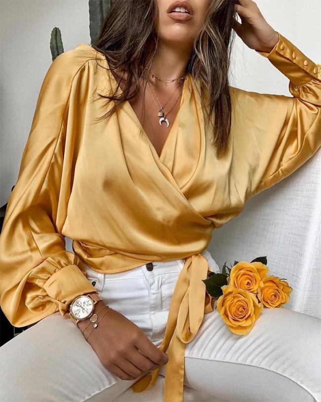 V Neck Tie Waist Top