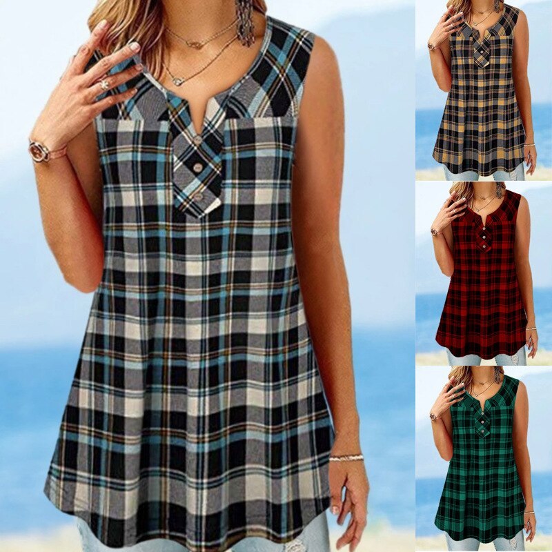 New 2021 Women Summer T Shirt Fashion Plaid Print Casual Button Tops Sexy Sleeveless V Neck Loose T Shirts Female Plus Size Tees