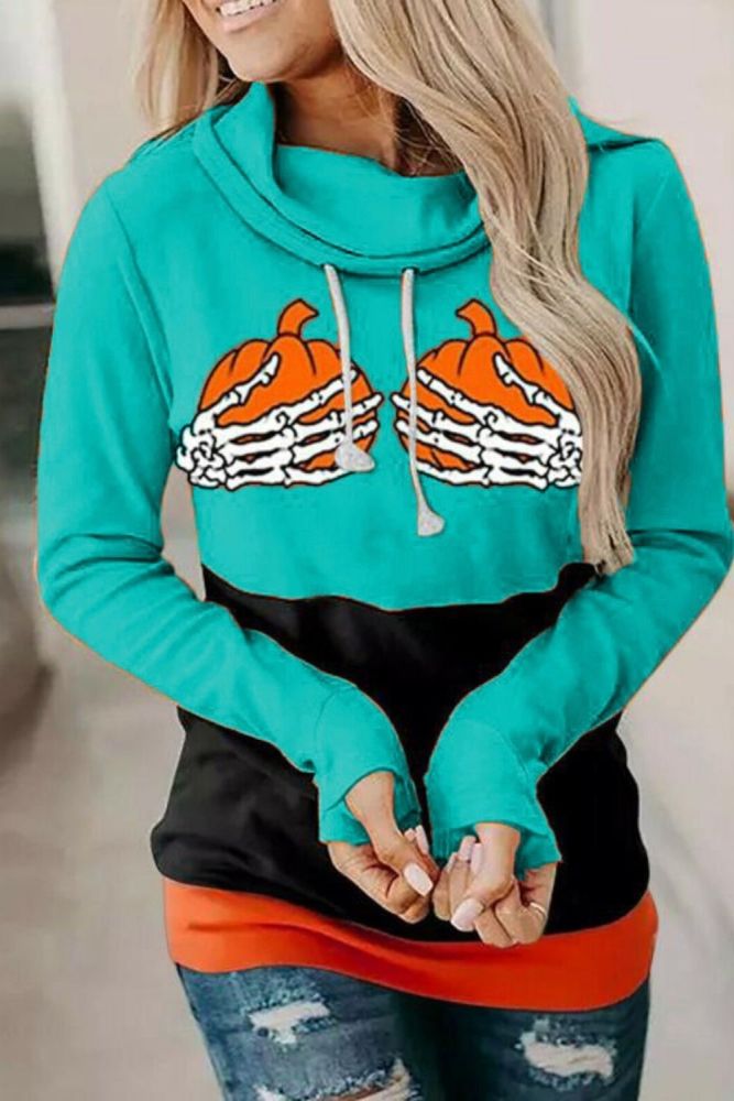 New Autumn Halloween Women Hoodies Skeleton Hand Pumpkin Print High Neck Drawstring Loose Sweatshirt Casual Long Sleeve Pullover