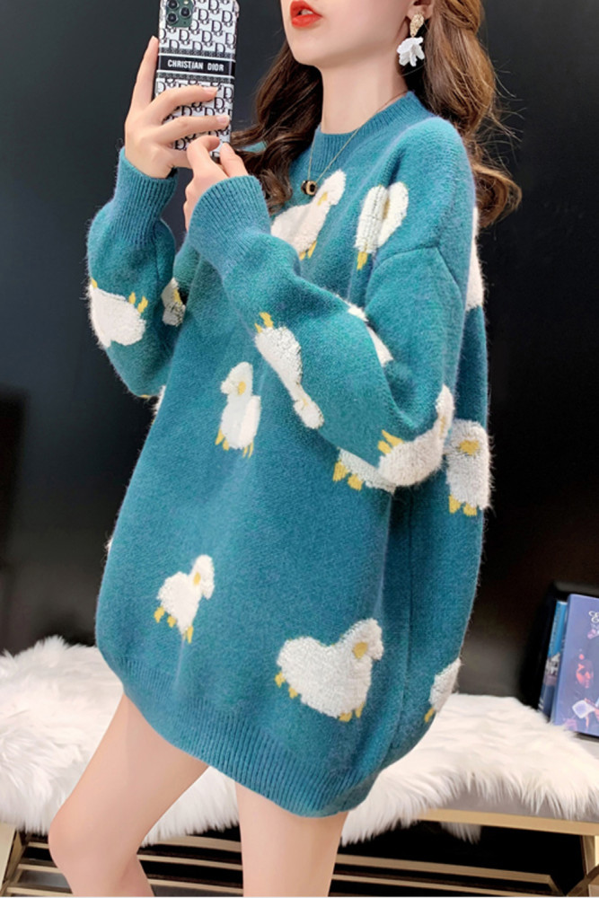 Cartoon Sheep Print Pullover Loose Sweater